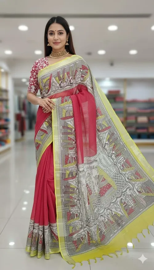 Soft Slub Cotton Madhubani Hand-Printed Saree with Striped Design & Jari Pallu